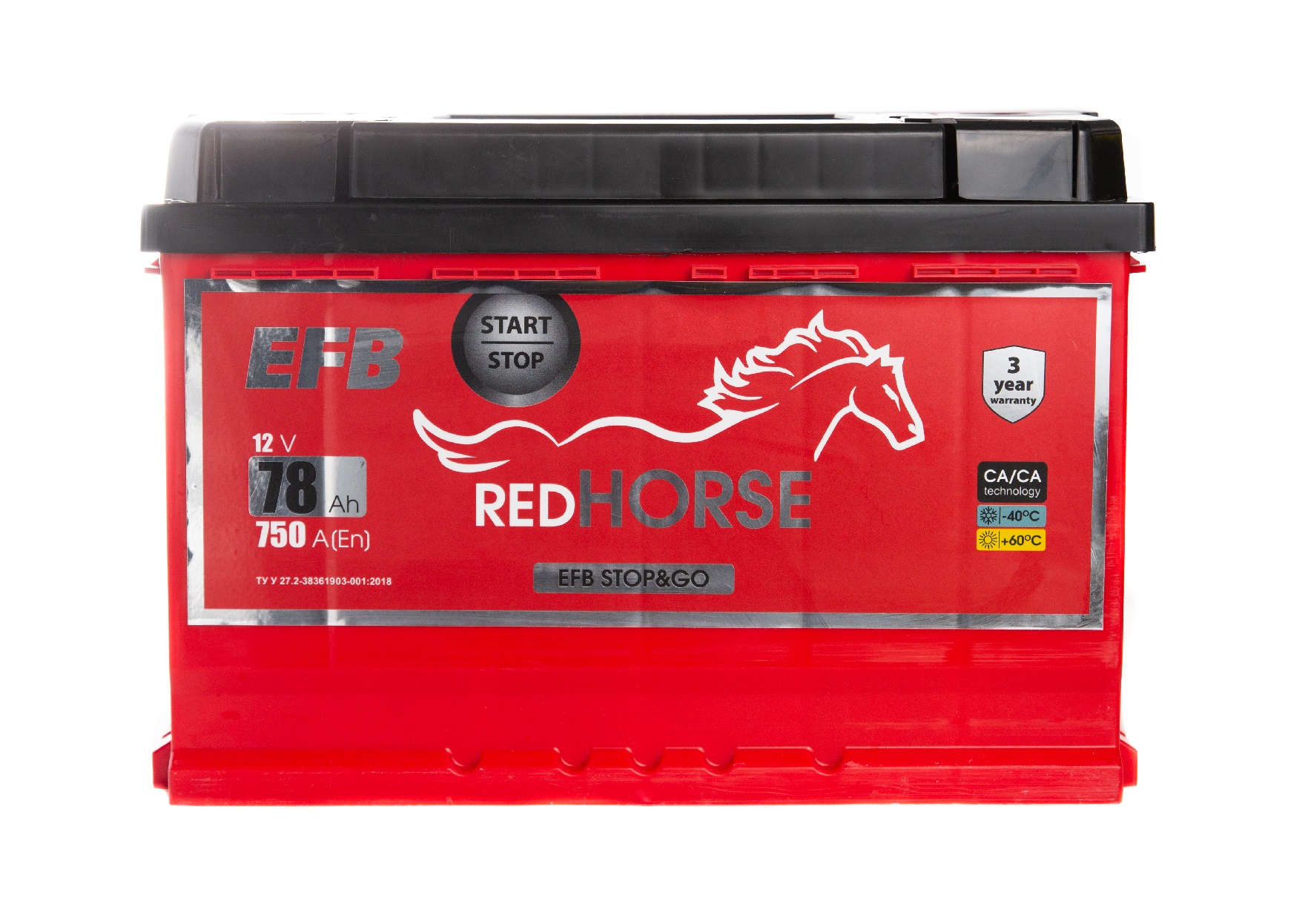 Акумулятор легковий Red Horse EFB STOP&GO 6СТ-78(0), 12B, 78Ah, 750A, плюс праворуч (R+), EFB, 278x175x190мм (Україна) (RHEFB078E0)